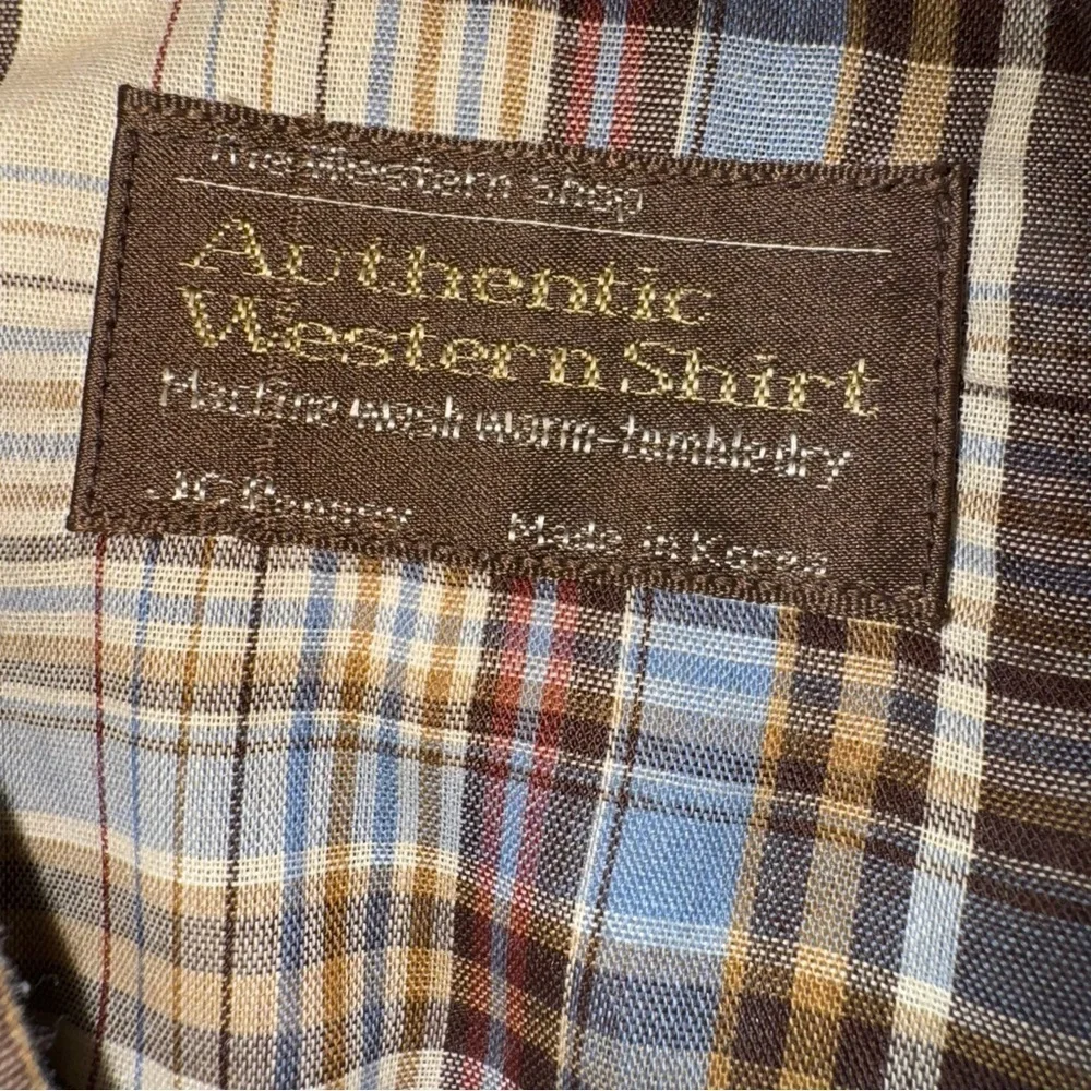 JC PENNEY MENS WESTERN SHIRT SIZE 15.5-34 PEARL SNAPS BROWN/ BLUE PLAID THIN